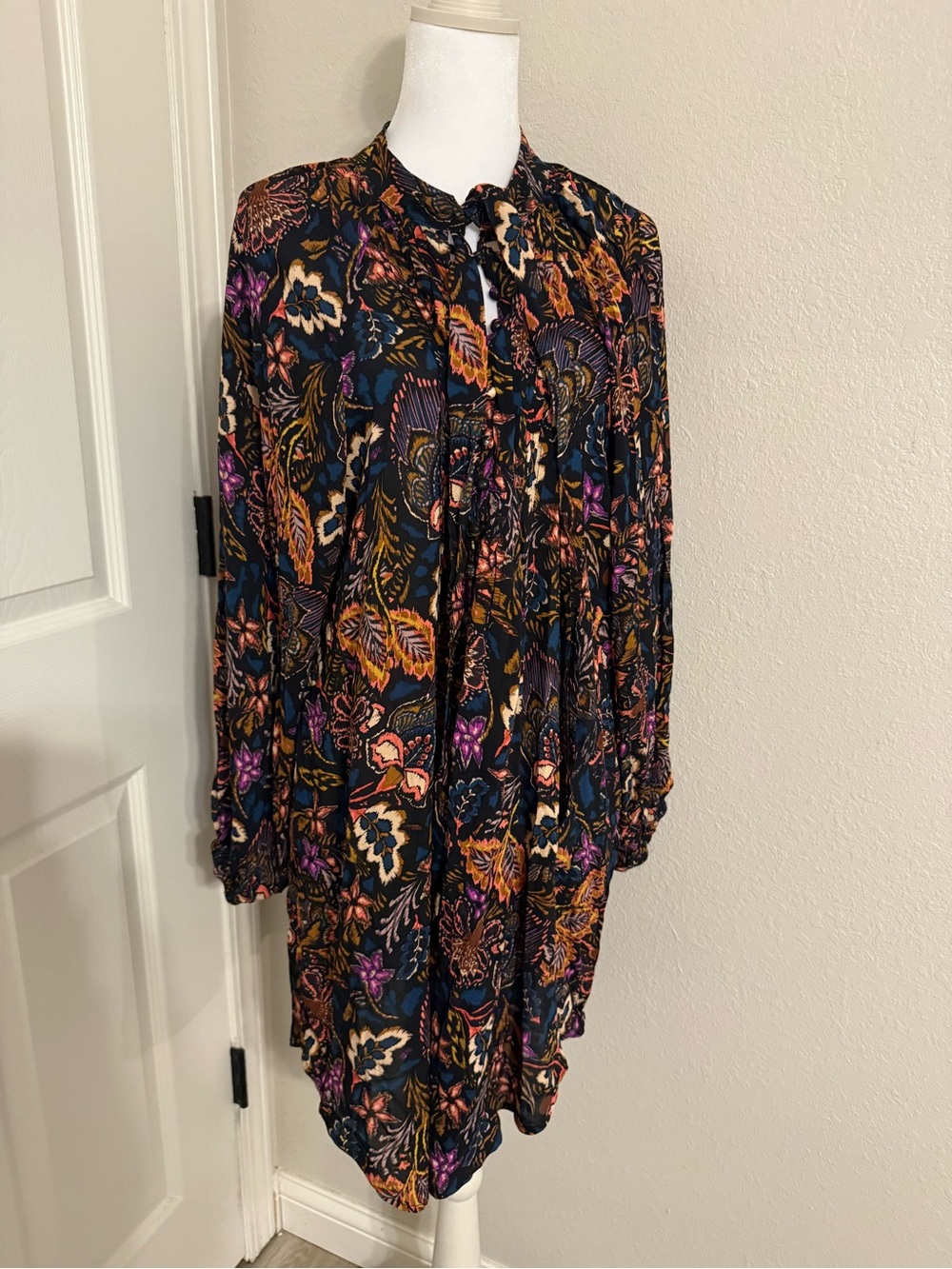 Dress Forum Black Floral Tie-Neck Long Sleeve Dress with Purple & Rust Accents